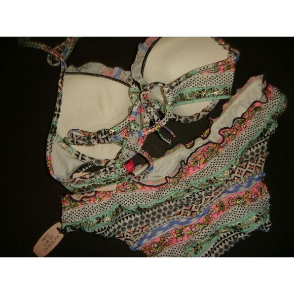 Victoria's Secret 34A BIKINI RUFFLE Cheeky LOT Black Mint chevron blue paisley - Picture 4 of 7